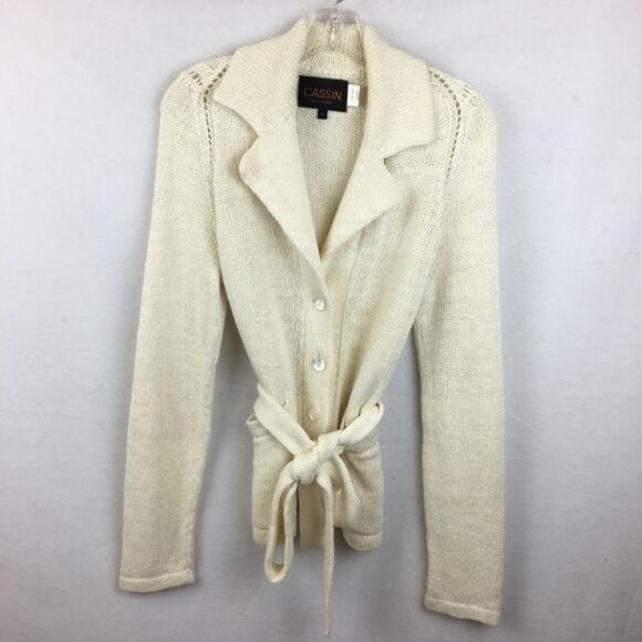 Cassin 100% Linen Ivory Woven Long Sleeve Belted Cardigan Sweater M - Picture 4 of 7